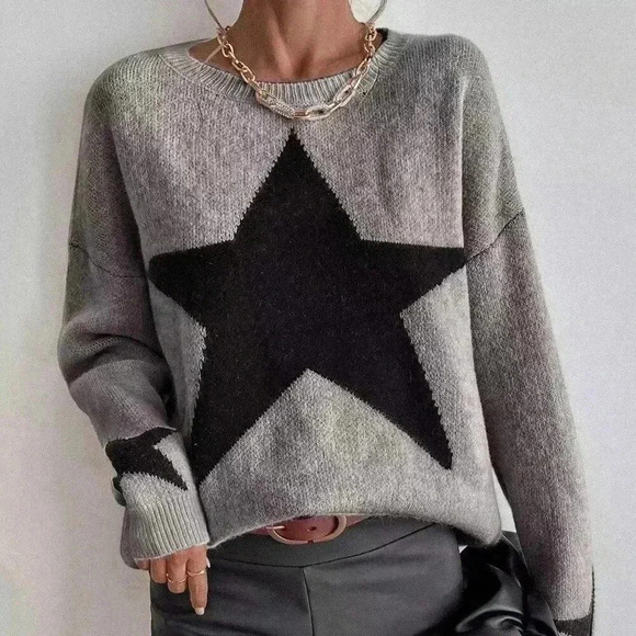 Grey Casual Women's Drop Shoulder Star Pattern Sweater - Picture 6 of 6
